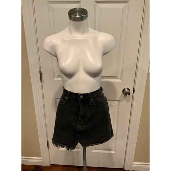 Madewell Black Distressed Denim Rigid A-Line Mini Skirt, Size 27 - Picture 2 of 8